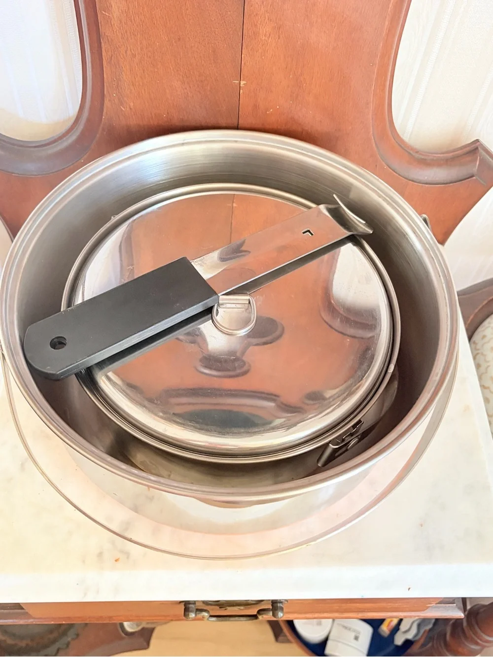 1960's Full Set Nesting Camping Cookware Stainless / Copper Bottom And Handle